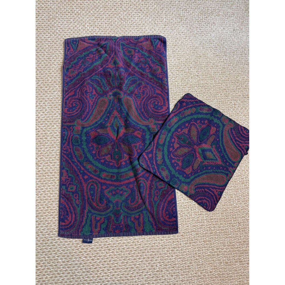 Vintage Ralph Lauren Paisley Towel Set Purple Green Cotton Made in USA 2pc